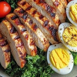 สลัดผักเคล ไข่ต้ม +อกไก่300gสมุนไพรย่าง+ มะเขือเทศย่างน้ำมันมะกอก