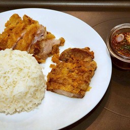 ข้าวหมูทอด(เนื้อล้วน)+หมูสามชั้นทอด