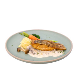 สเต็กปลากะพงซอสครีมเห็ดทรัฟเฟิล /