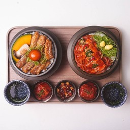 ชุด ซอตบับ หมูสามชั้นทอด ซอตบับหมูผัดกิมจิ  +ชาฮอตเก