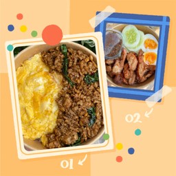 [เซตสุดฮิต] ข้าวหมูปลาร้า + ผัดกะเพราพริกแห้งหมูสับไข่ข้น