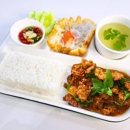 #48 เนื้อไทยวากิวผัดพริกแกงเผ็ด ข้าวหอมมะลิไดโนเสาร์ (เซ็ตเบนโตะ)