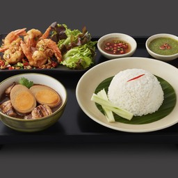 ชุดไข่พะโล้คาราเมล+กุ้งคั่วพริกเกลือ