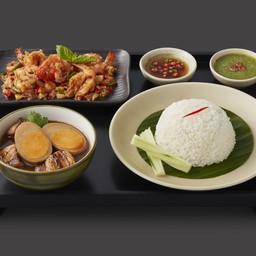 ชุดไข่พะโล้คาราเมล+กุ้งผัดกะปิ