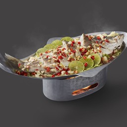 ปลากระพงนึ่งมะนาว (ทั้งตัว)