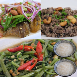 ผัดผักบุ้งไฟแดง+ยำปลาสลิด+หมูสับผัดหนำเลี๊ยบ+ข้าวต้ม 2 ถ้วย