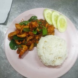 ข้าวราดผัดพริกแกงปลาหมึก