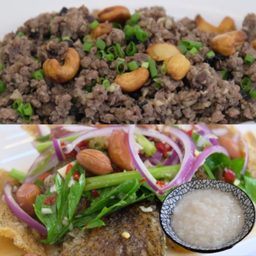 ยำปลาสลิด+หมูสับผัดหนำเลี๊ยบ+ข้าวต้ม 1 ถ้วย