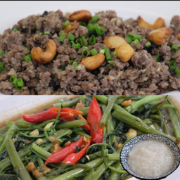 ผัดผักบุ้งไฟแดง+หมูสับผัดหนำเลี๊ยบ+ข้าวต้ม 1 ถ้วย