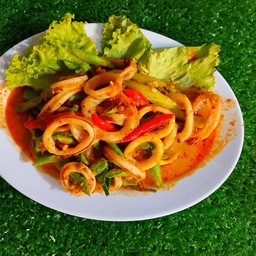 ผัดพริกแกงปลาหมึก  กับข้าว