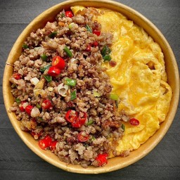 ข้าวหมูสับคั่วพริกเกลือ&ไข่ข้น