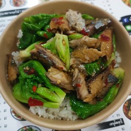 ปลาทูเถื่อนผัดแขนงราดข้าว