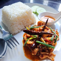 ผัดพริกแห้งหมูราดข้าว