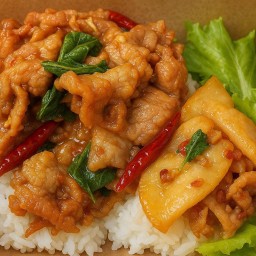 กะเพราพริกแห้งหมูชิ้น+สามชั้นสูตรโบราณ(กับข้าว)