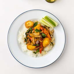 Stir-fried  Mushroom with Basil and Egg Tofu ข้าวกะเพราเห็ดและเต้าหู้ไข่