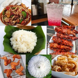 ส้มตำ2 น้ำ2 ข้าวเหนียว2 ไก่ย่างหม่าล่า2 ปีกไก่หม่าล่า2 แคบหมู2 ขนมจีน2