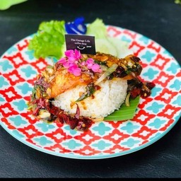 ปลาแซลม่อนผัดกะเพรา +ข้าวสวย