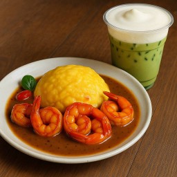 ข้าวไข่ข้นต้มยำกุ้งคู่ชาเขียวนมสด