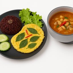 ข้าวไข่เจียวโหระพา + ต้มยำไก่น้ำข้น