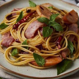 สปาเก็ตตี้พริกแห้งเบคอน+ไส้กรอก