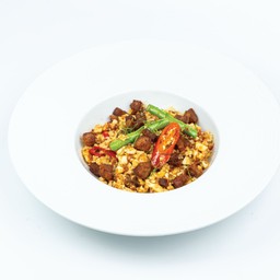 ข้าวดอกกะหล่ำผัดพริกขิงหมูทอด