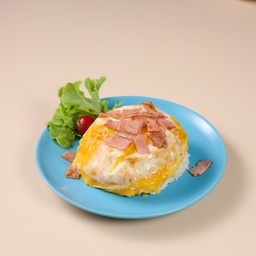 Creamy Omelette On Rice With Bacon And Chili Salt