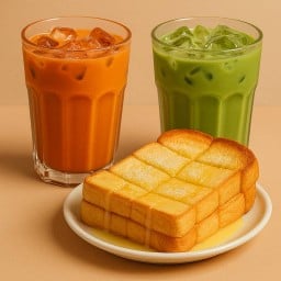 ชุดเซ็ตคู่ชาไทยกับ(ชาเขียวมัทฉะ)2แก้ว ขนมปังปิ้งเนยนมน้ำตาล2แผ่น