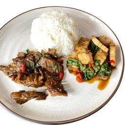 สองใจหมูกรอบ +เนื้อตุ๋น