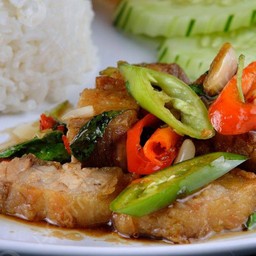 ข้าว + ผัดกระเพราหมูกรอบ