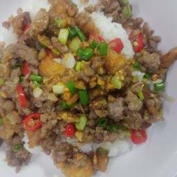 หมูสับคั่วพริกเกลือ+กากหมู  ราดข้าว