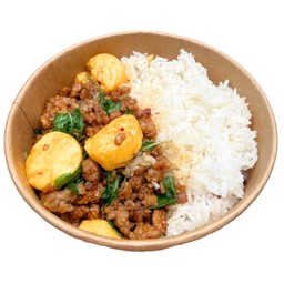 กะเพราเต้าหู้หมูสับ ( ราดข้าว )