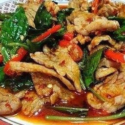 หมูผัดพริกแห้งใบโหระพา+ข้าวสวย