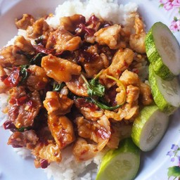 กะเพราเนื้อจระเข้  ราดข้าว