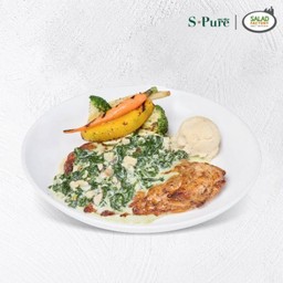 สเต๊กอกไก่ย่างซอสทรัฟเฟิลพาร์มีซานชีสและผักโขม