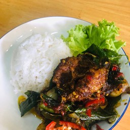 ข้าวราดเครื่องแกงปลาดุกทอดกรอบ