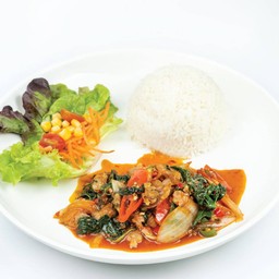 ข้าวหอยลายผักโขมพริกเผา