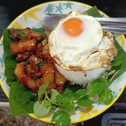 กะเพราหมูสามชั้นทอดน้ำปลา ไข่ดาว