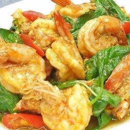 กุ้งผัดพริกขี้หนูโหระพา (กับข้าว)