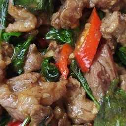 เนื้อผัดใบโหระพา ราดข้าว
