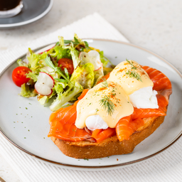 Salmon egg benedict toast