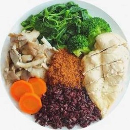 ⭐4.8 (147) - ข้าวทรงเสวย ไรซ์เบอรี่ ไก่อบเฮิร์บ ผักลวก น้ำพริกคั่วปลา