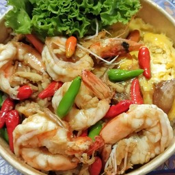 ข้าวไข่ข้นกุ้งผัดกระเทียมพริกขี้หนูสวน