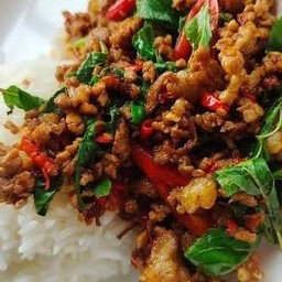 กะเพราเนื้อสับราดข้าว