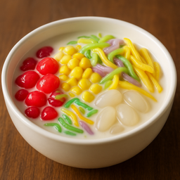 นมสดทรงเครื่อง( ทับทิมกรอบ เส้นลอดช่องสิงคโปร์ ลูกชิด ข้าวโพด ขนุน )