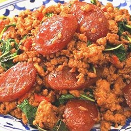 กะเพราหมูสับ+กุนเชียง ราดข้าว