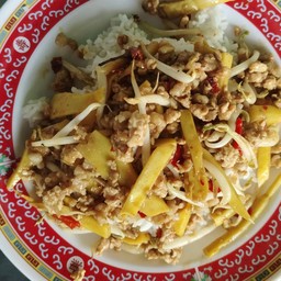 ผัดถั่วงอกเต้าหู้ทอดราดข้าว