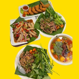 ยำหมูยอ + น้ำตกตับหวาน + น้ำตกคอหมุทอด + ปีกไก่ทอด+ ต้มยำพวงไข่
