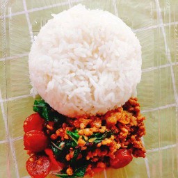 กะเพราหมูสับกุนเชียงราดข้าว