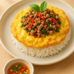 ข้าวไข่เจียวกะเพราหมูสับ เเถม ชีสรสกะเพรา