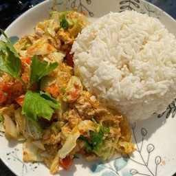 วุ้นเส้นผัดไข่ใส่หมู(ราดข้าว)
